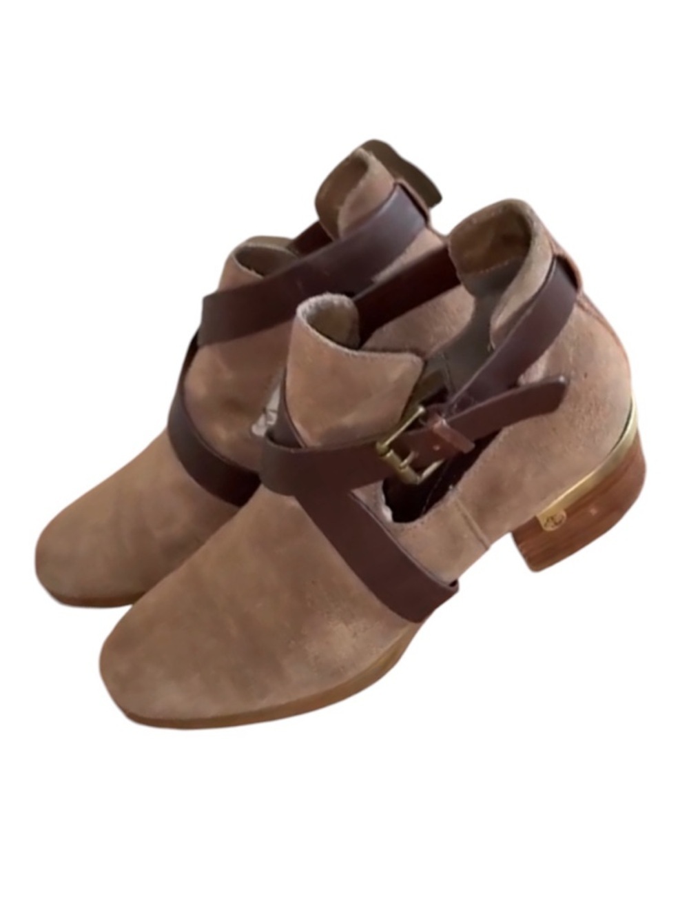 ISOLA Tan Suede Ankle Booties, brown Leather straps, brass heel strips. 6.5 EUC